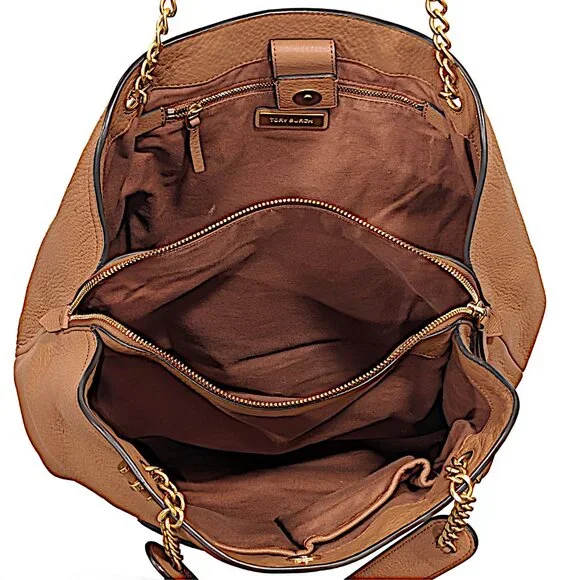 Tory Burch Chelsea Slouchy Leather Tote Bag – Brown Tan Shoulder Purse Gold Tone - Picture 2 of 8